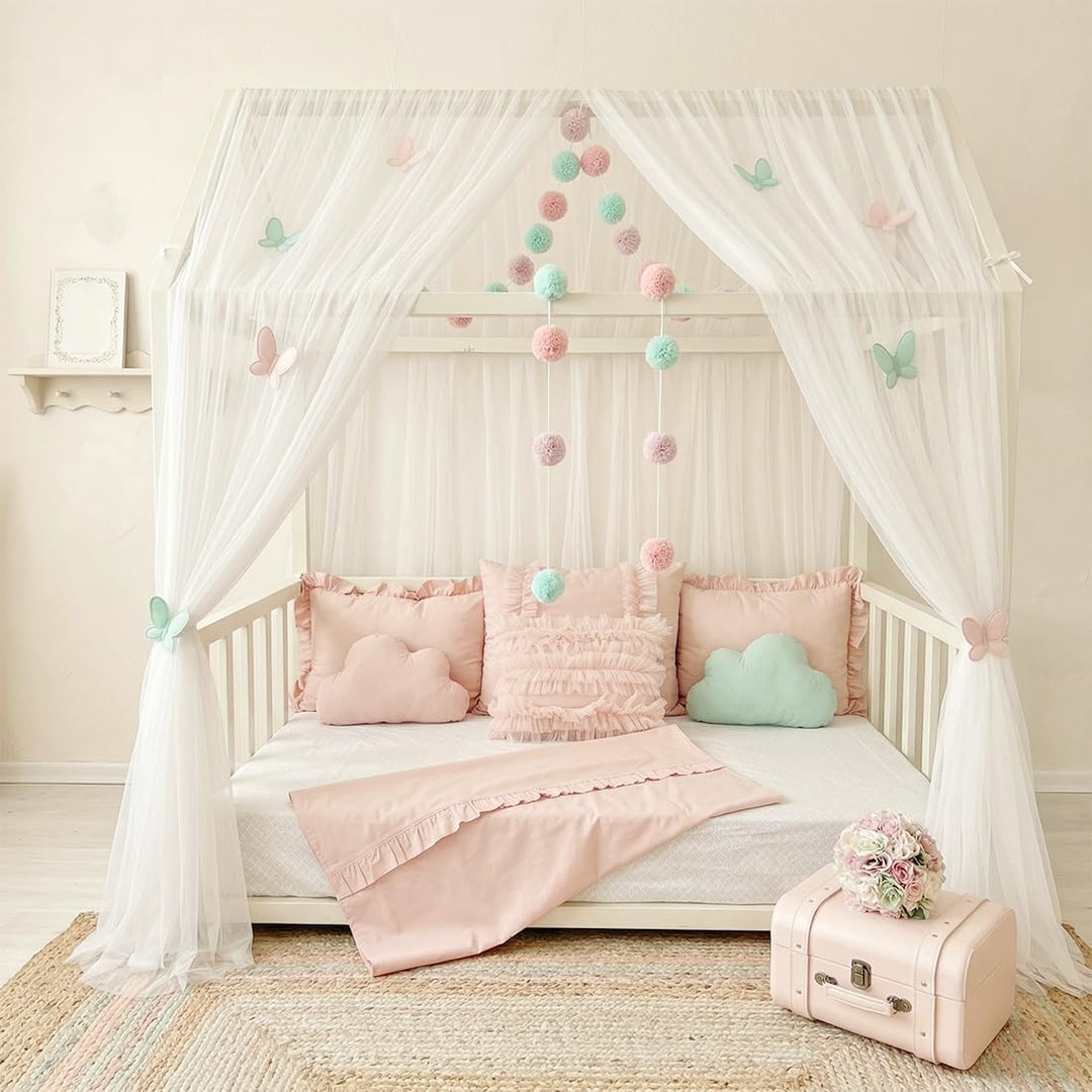 Yuragim Hausbett Himmel 2er-Set, Betthimmel Hausbett Musselin (Weiss, 150x350 cm)