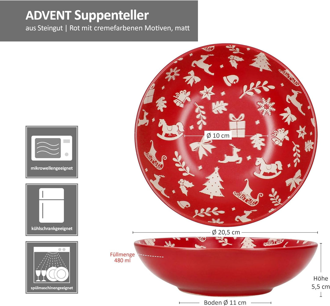 MamboCat 6er Set Advent Suppenteller I 480ml I winterliche Tiefe Teller aus Steingut in Rot mit Weih