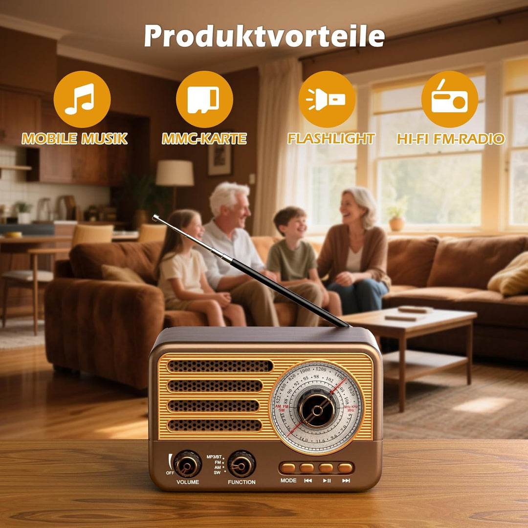 Vintage-Transistorradio – Retro-Stil mit moderner Reichweite, tragbar, AM/FM/SW, mit USB/TF/Aux-MP3-