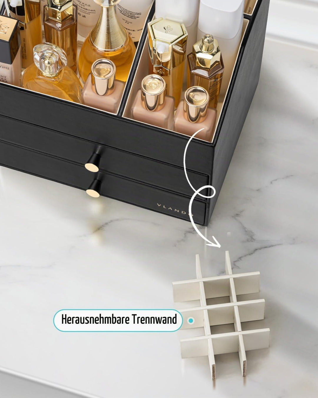 VLANDO Make up Organizer mit 3 Schubladen, Schminktisch Organizer, Kosmetik Organizer, Schmink Organ