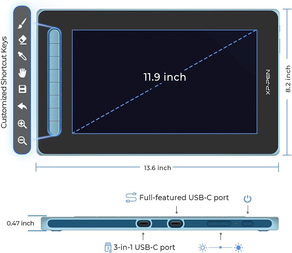 XP-PEN Artist 12 2. Generation Grafiktablett mit Display 11,9 Zoll 127% sRGB Farbraum mit X3 Smart-C