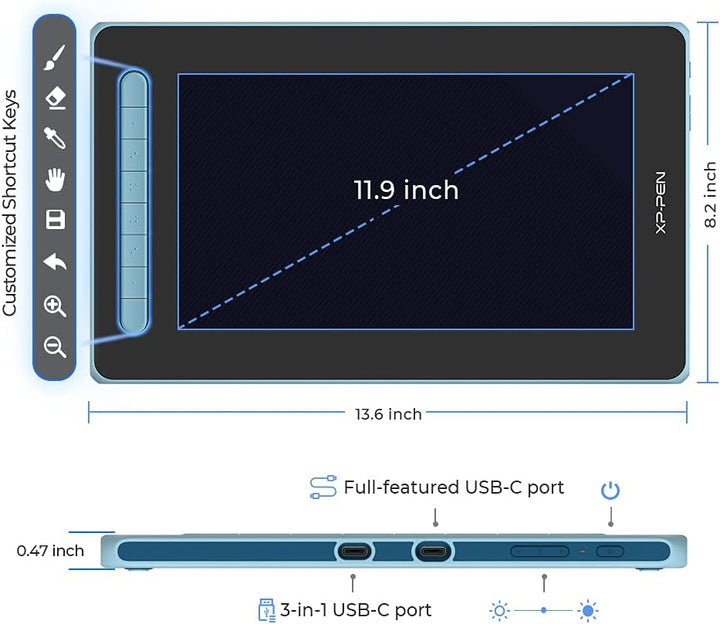 XP-PEN Artist 12 2. Generation Grafiktablett mit Display 11,9 Zoll 127% sRGB Farbraum mit X3 Smart-C