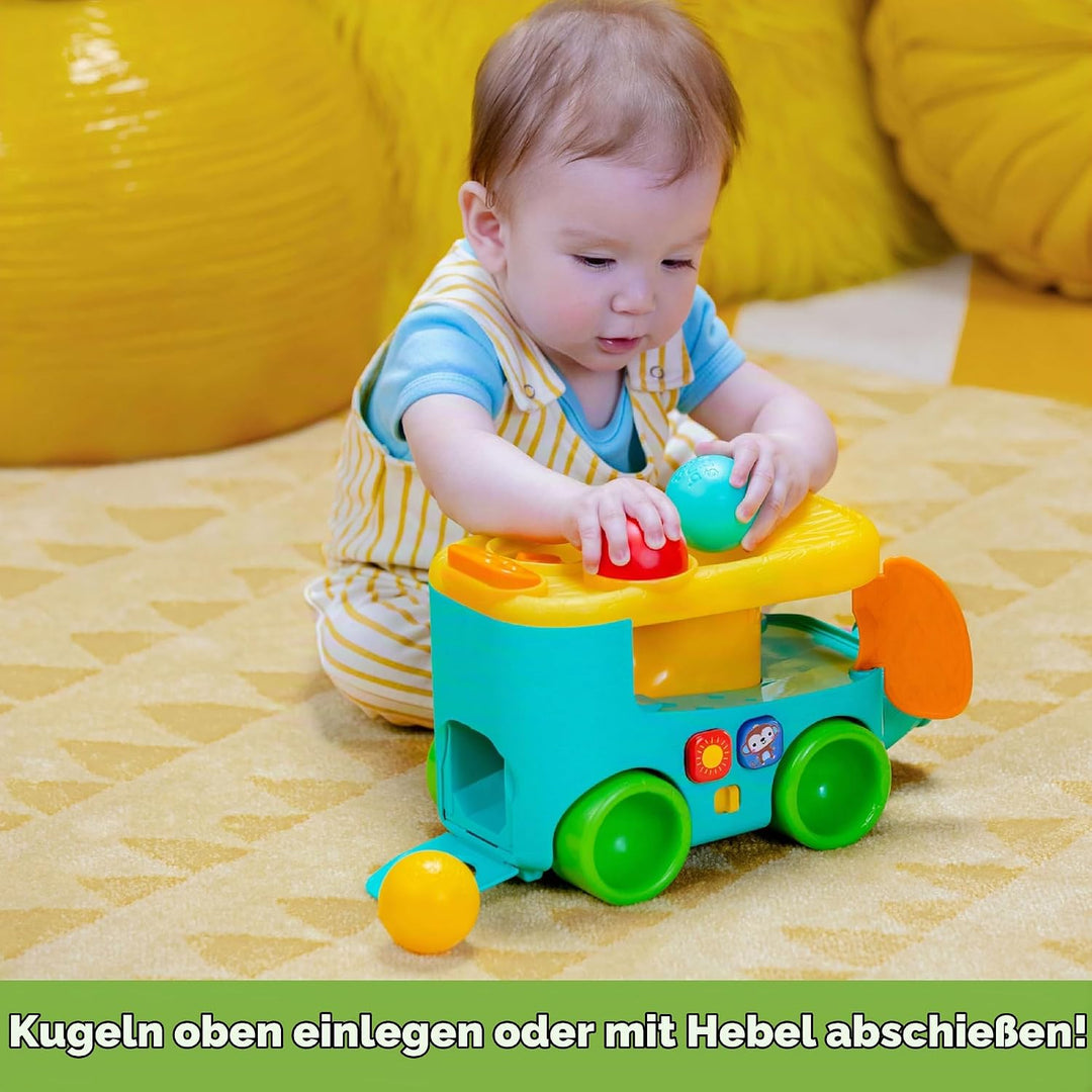 Bright Starts Pop &amp; Roll Safari Bus Ballspielzeug, Elefanten Popper und Werfer, Baby Krabbelspielzeu