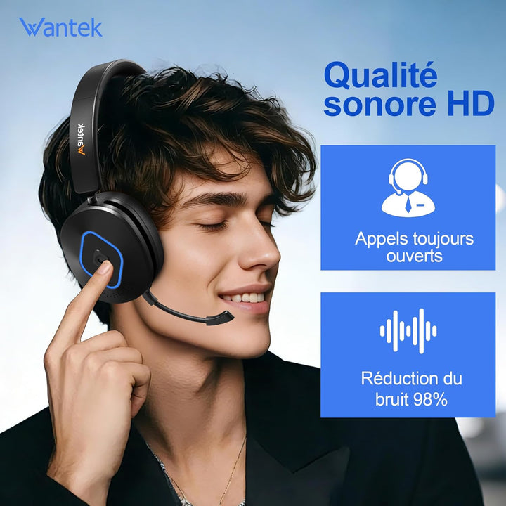 Wantek Kabelloses Headset | 2.4G/BT 6.0 Doppelmodus | 40h Akkulaufzeit | Rauschunterdrückungsmikrofo
