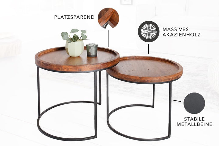 Invicta Interior Moderne Beistelltische Elements 2er-Set original massives Akazien Holz Stone Finish