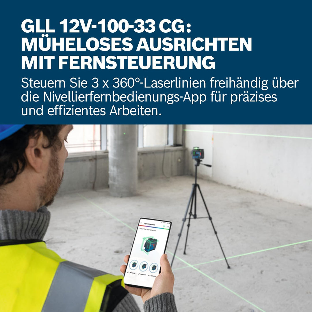 Bosch Professional Linienlaser GLL 12V-100-33 CG (3 x 360° grüner Laser, Arbeitsbereich 100 m (Radiu