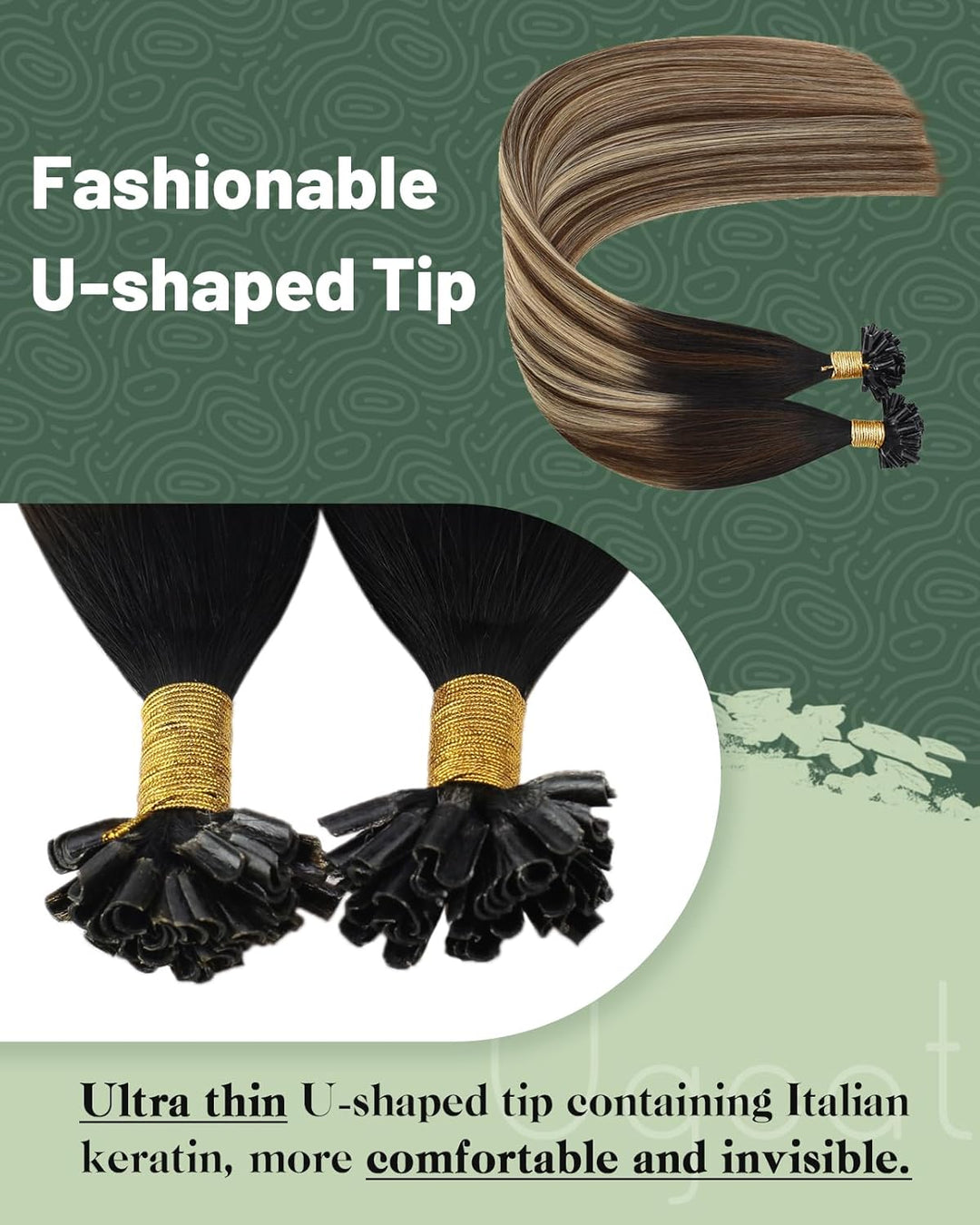 Ugeat Bonding Extensions Echthaar Utip 40cm 1B/4/27 Schwarz zu Dunkelbraun und Karamellblond Keratin