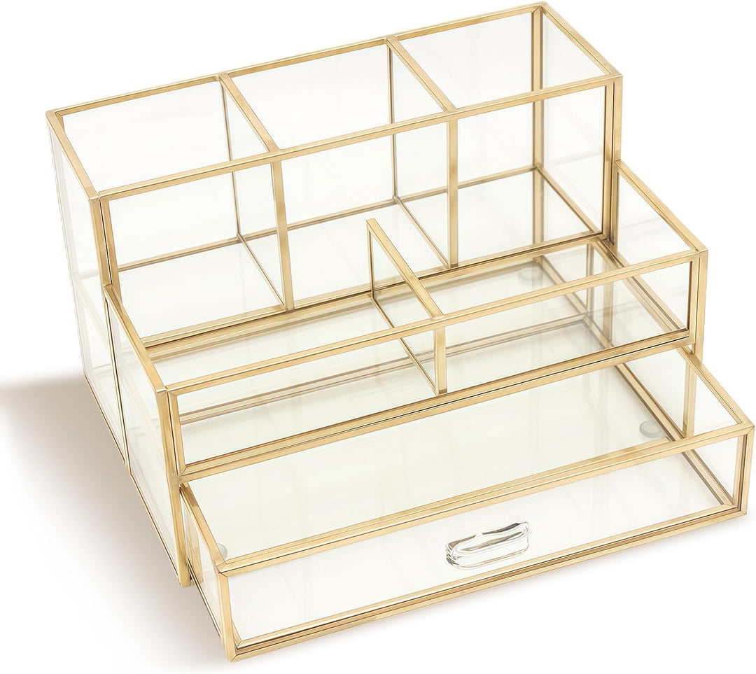 HARLIANGXY Kosmetik Organizer mit schubladen, Make up Organizer Gold, Make up Pinselhalter Glas, Bea