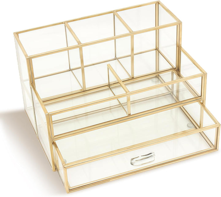 HARLIANGXY Kosmetik Organizer mit schubladen, Make up Organizer Gold, Make up Pinselhalter Glas, Bea
