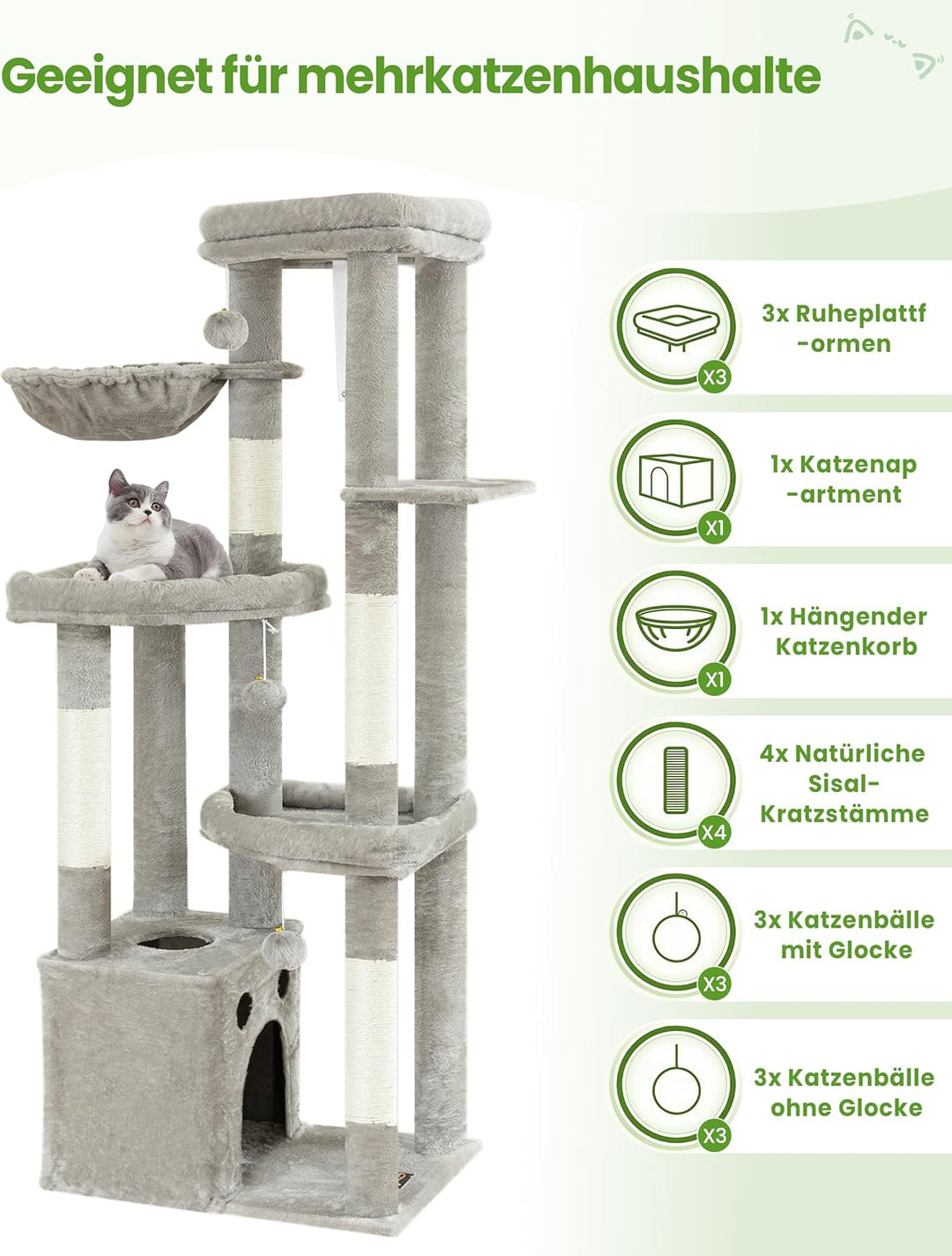 Kratzbaum Gross, Kratzbaum Grosse Katzen Stabil 170 cm hoch - Katzenbaum XL, Mehrstöckiger Katzenbau