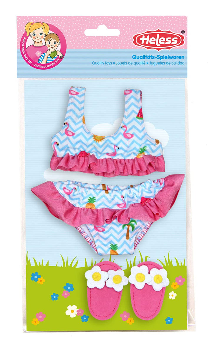 Heless - Schwimm-Set für Puppen 3 teilig Bikini mit Badeschläppchen Flamingo Grösse 35 cm Badespa
