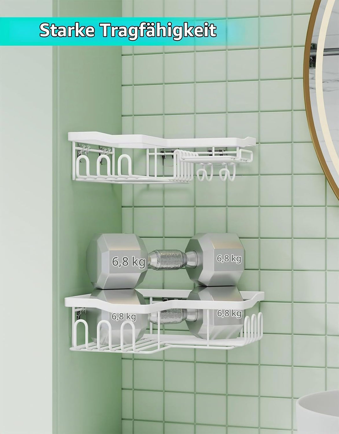 HapiRm Duschablage, Duschablage Ohne Bohren, Duschregal Ecke Mit 11 Haken Seifenschale Und Rasiererh