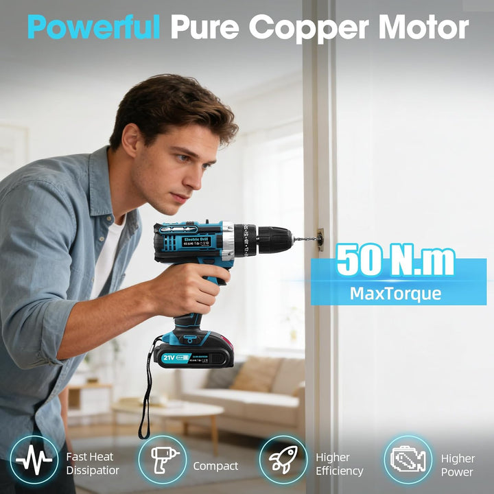 21V Akkuschrauber, Akku Bohrschrauber mit Akku 2000mAh 50Nm Drehmoment Max 25+3 Drehmomentstufen mit