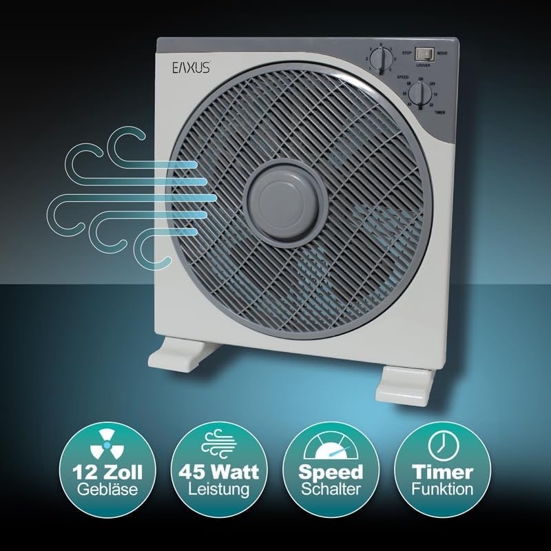 Eaxus® Tischventilator - Kraftvoller 45W Box Ventilator Fan mit Timer & 3 Geschwindigkeitsstufen