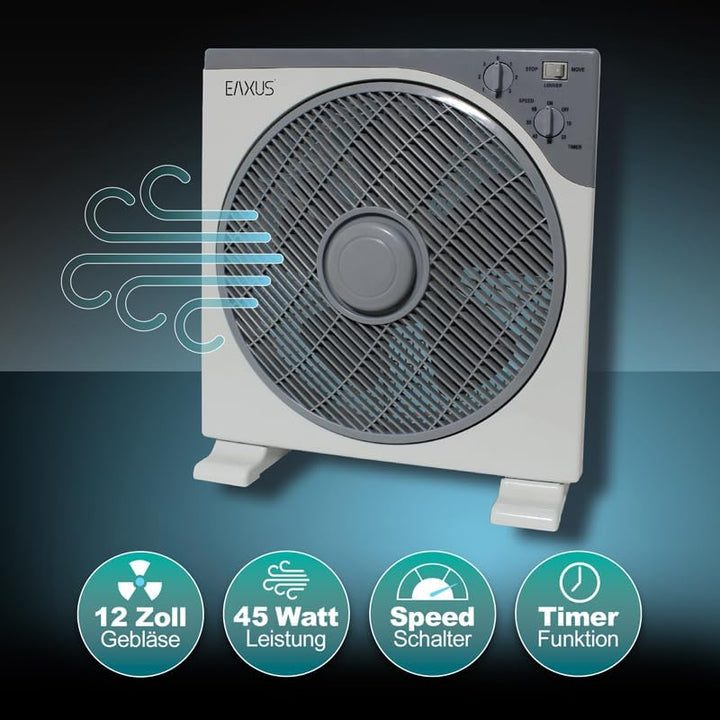 Eaxus® Tischventilator - Kraftvoller 45W Box Ventilator Fan mit Timer & 3 Geschwindigkeitsstufen