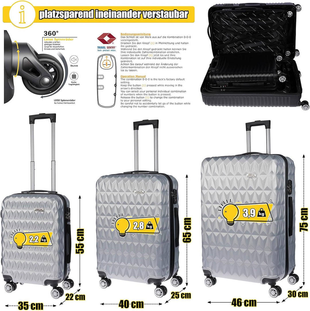 Christian Wippermann 3er Koffer-Set für Herren Damen mit Hartschalenkoffer Koffer Trolley Reisekoffe