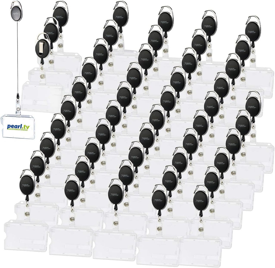 General Office Ausweis-Hülle: 50er-Set Ausweishüllen aus Hartplastik, 60-cm-Jojo-Befestigungs-Clip (