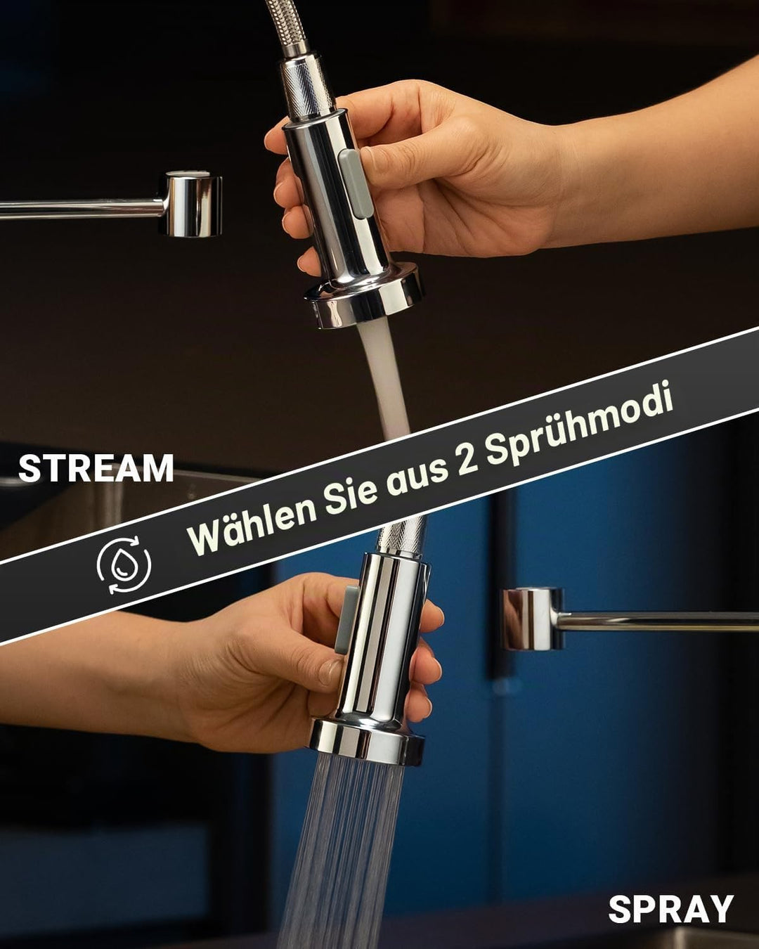 APPASO Wasserhahn Küche, Küchenarmatur Hochdruck mit Brause, Mischbatterie Küche mit 2 Strahlarten,