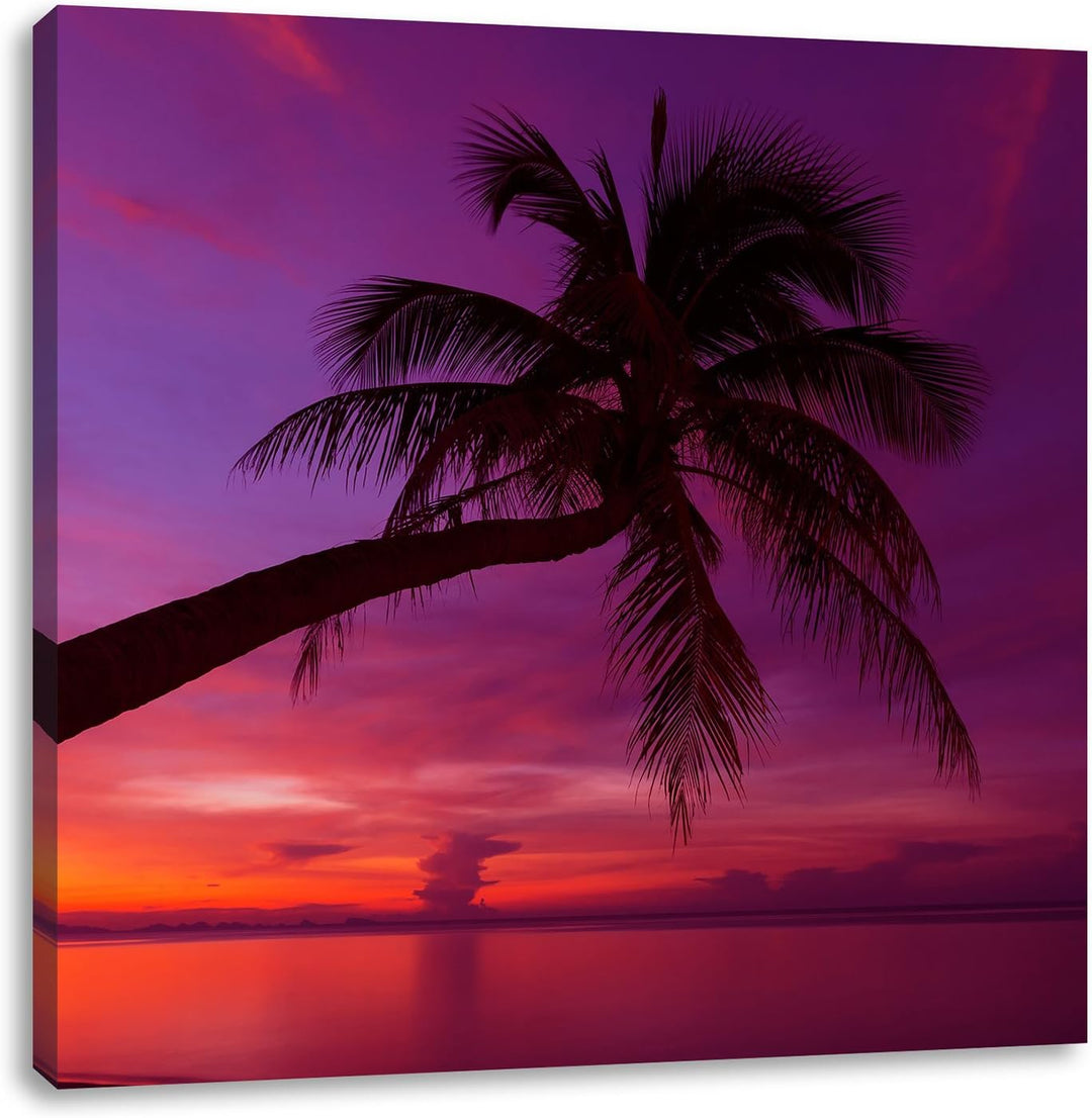 Pixxprint Palme am Meer mit Sonnenuntergang als Leinwandbild | Grösse: 70x70 cm | Wandbild | Kunstdr