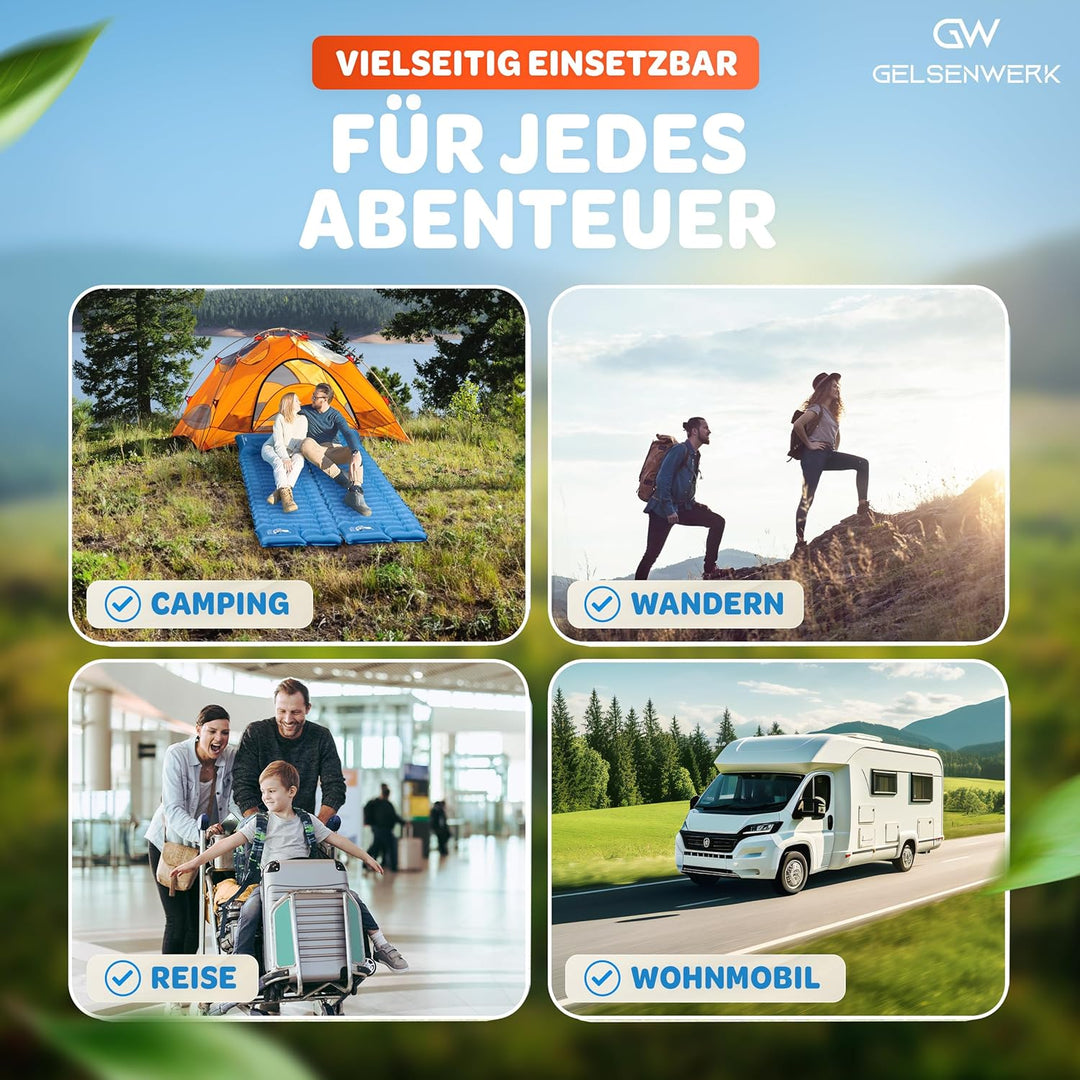 Isomatte Camping Ultraleicht 10cm & kleines Packmass - Camping Luftmatratze mit Fusspumpe & Kopfkiss
