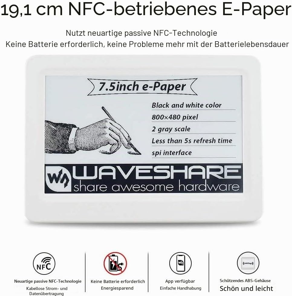 IBest 7.5inch Passive NFC-Powered e-Paper Black/White e-Ink Display, No Battery Required, Wireless P