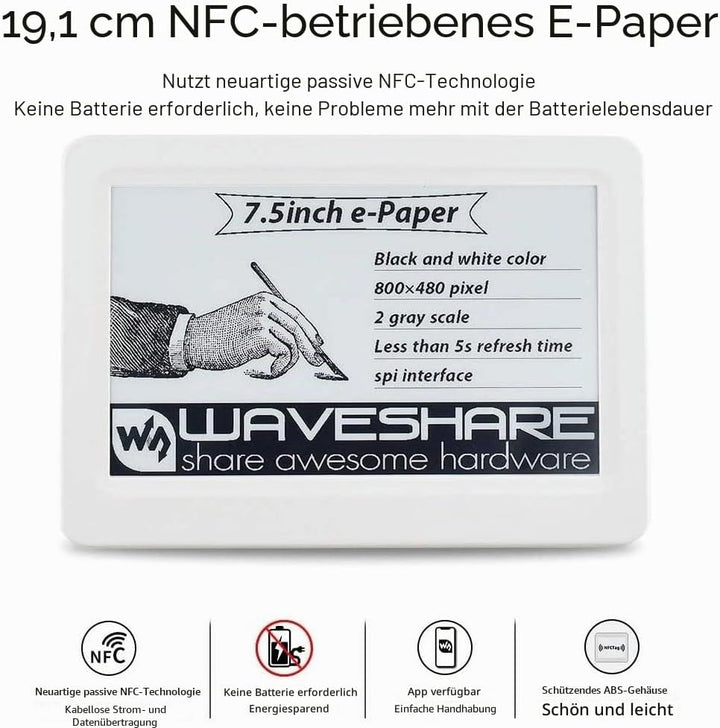 IBest 7.5inch Passive NFC-Powered e-Paper Black/White e-Ink Display, No Battery Required, Wireless P
