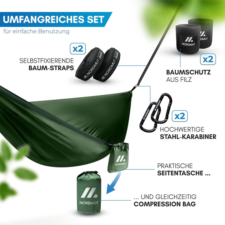 NORDMUT® Ultraleichte Hängematte Outdoor [mit Befestigungs-Set] Camping Hängematte inkl. Baumschutz-