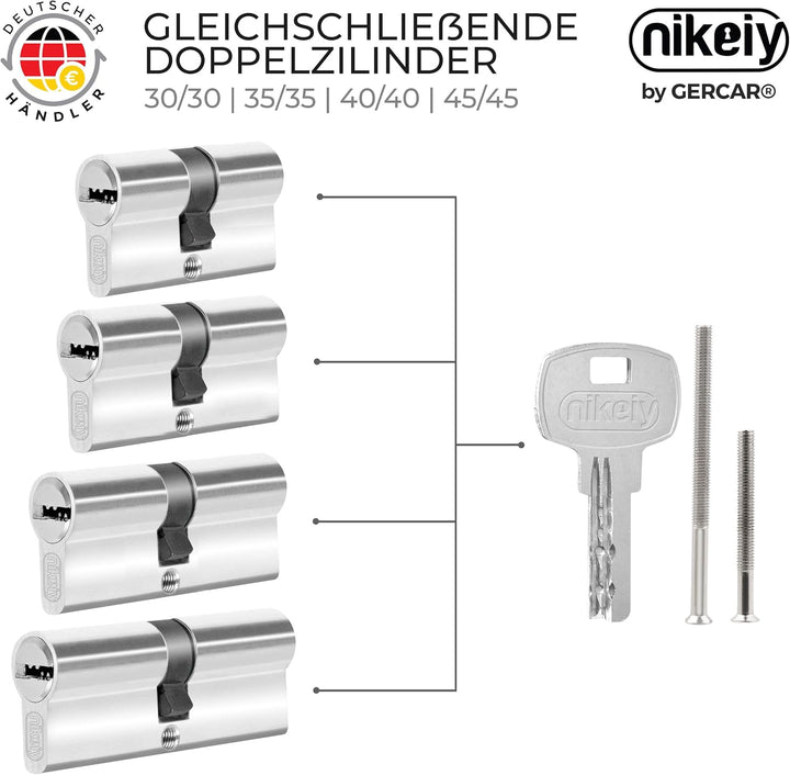 GERCAR Profilzylinder 45/45 - Doppelzylinder mit 10 Schlüssel - 4 Stück gleichschliessend - Länge 90