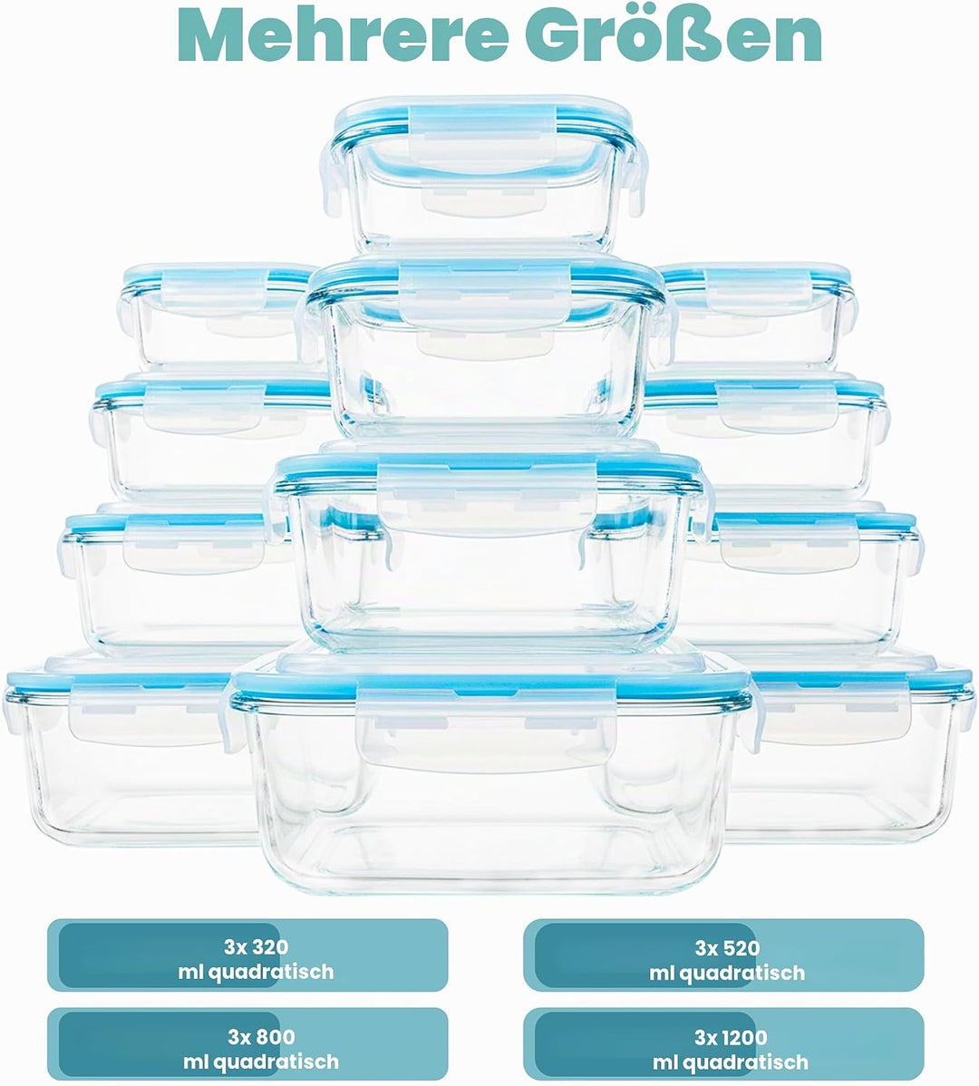 KICHLY Glas-Frischhaltedosen - 24 Teile (12 Behälter mit 12 verschliessbaren Deckeln) - Spülmaschine