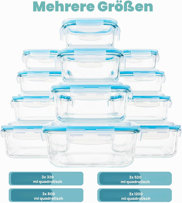 KICHLY Glas-Frischhaltedosen - 24 Teile (12 Behälter mit 12 verschliessbaren Deckeln) - Spülmaschine