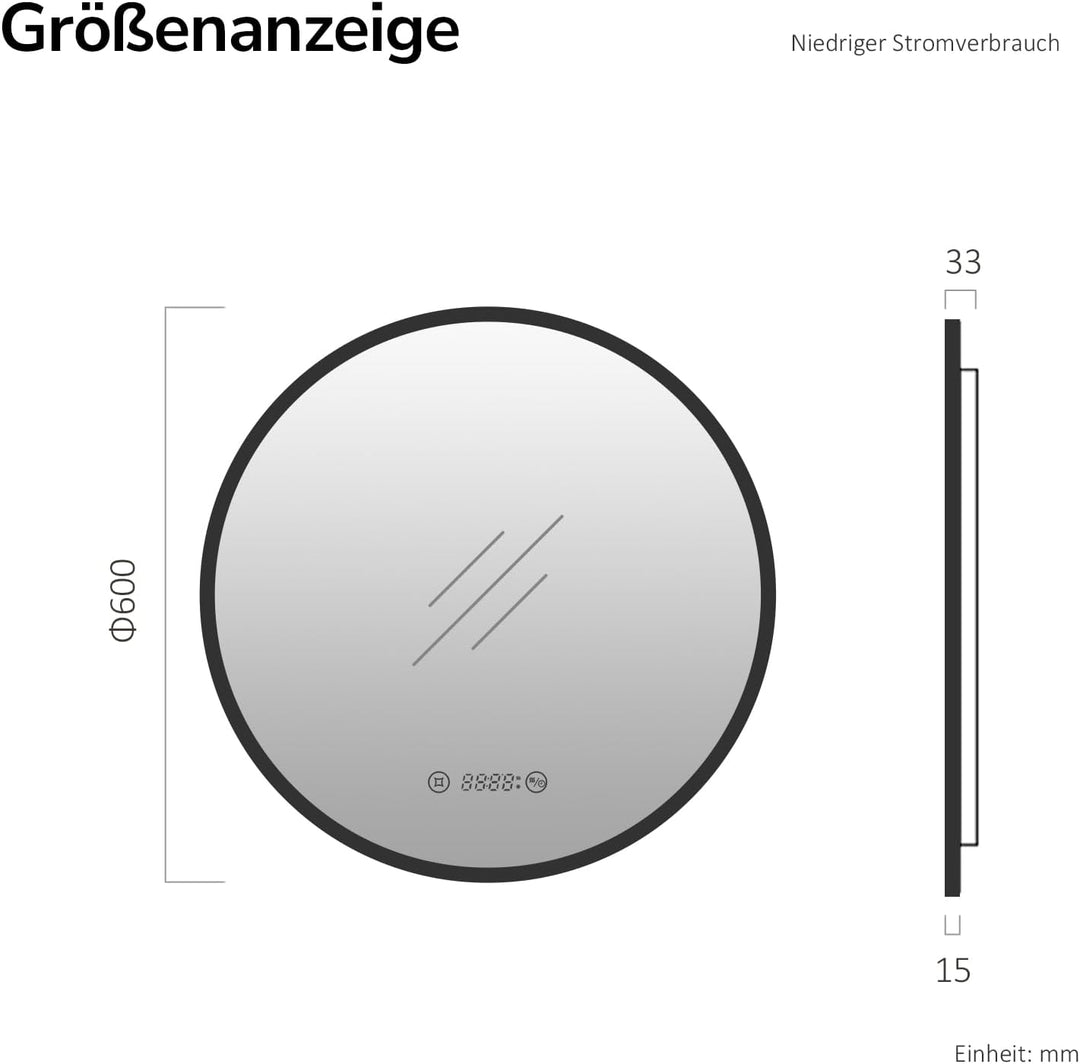 EMKE Runder Spiegel mit Beleuchtung ф60cm LED Badspiegel Schwarzer Rund Badezimmerspiegel mit Touch,