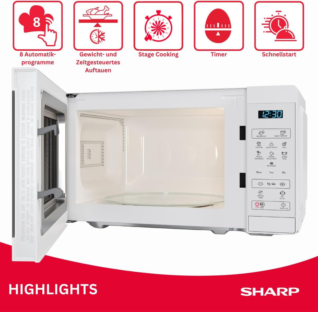 Sharp Mikrowelle YC-MS02E-C 20L, Kristallweiss, 800W, Digitalsteuerung, 11 Leistungsstufen, 8 Progra