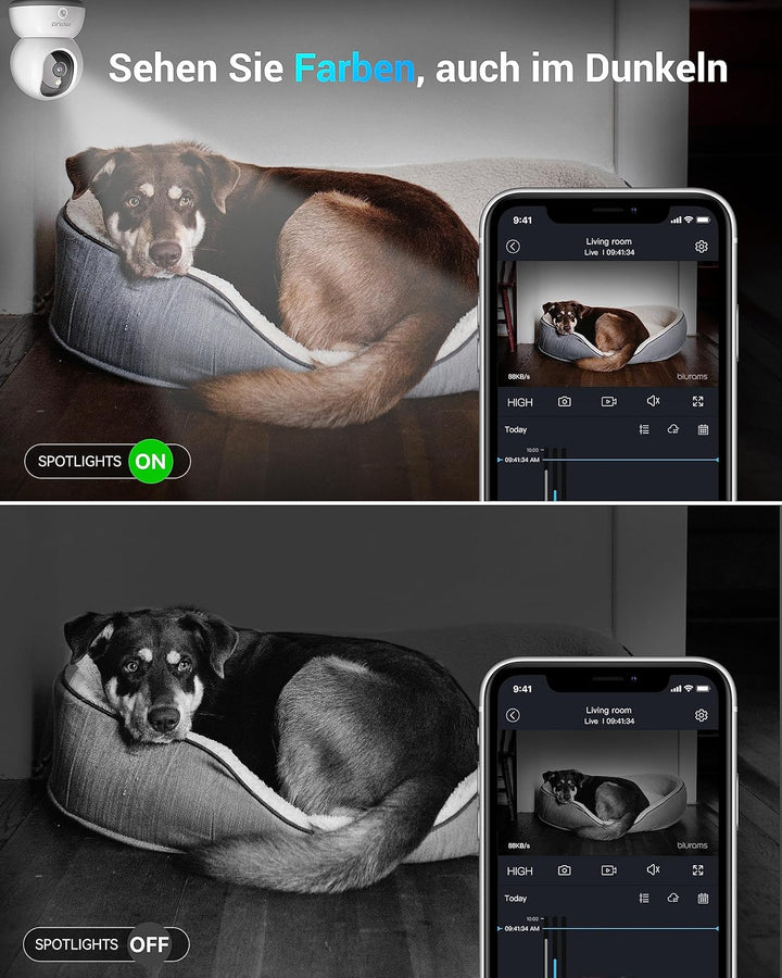 blurams 2K Überwachungskamera Innen,360 Grad WLAN Kamera mit EIN-Touch-Call, Hundekamera für Haustie