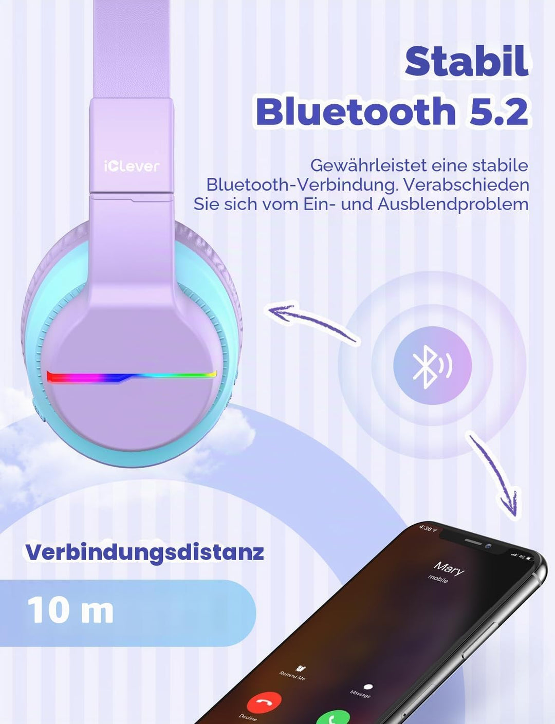 iClever Bluetooth Kinder Kopfhörer, Farbige LED-Leuchten, Kinderkopfhörer Over-Ear mit 74/85/94dB La