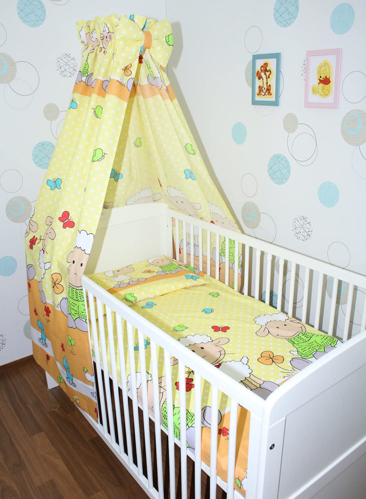 Baby Bettset Bettwäsche mit Himmel Vollstoff - Schaf Gelb - Bettausstattung Set (7 teilig), 7 teilig