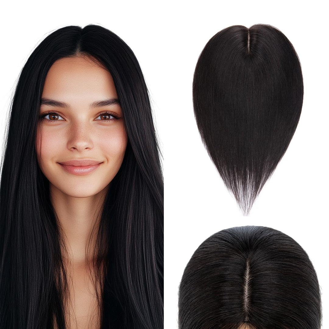 Elailite Hair Topper Echthaar #1B Naturschwarz 20cm Clip in Toupet Damen Extensions Haarteil Haartop