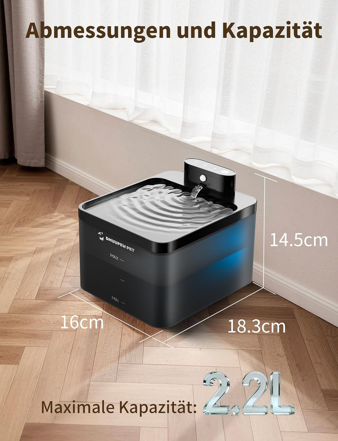 Katzenbrunnen, 2,2 L, kabellos mit LED, Bewegungsmelder, leise Pumpe 30dB, Batterie 2600mAh, Premium