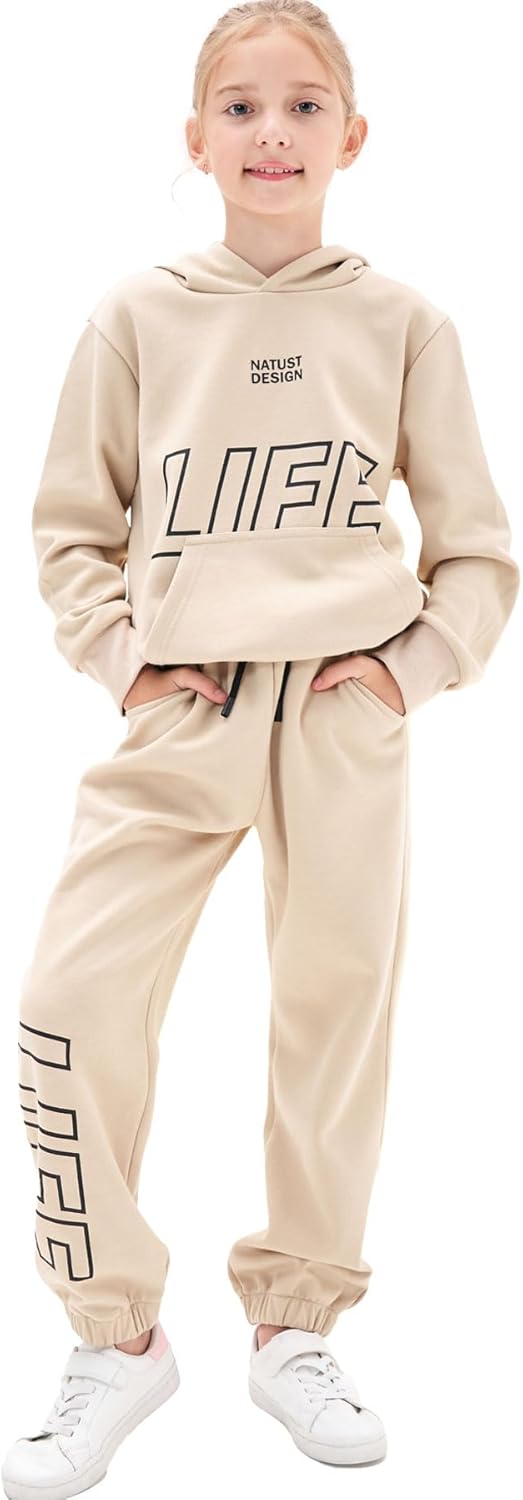 NATUST Kinder Trainingsanzug Jungen Mädchen Sportanzug Einfarbig Sweat Jogginganzug 130 Khaki, 130 K