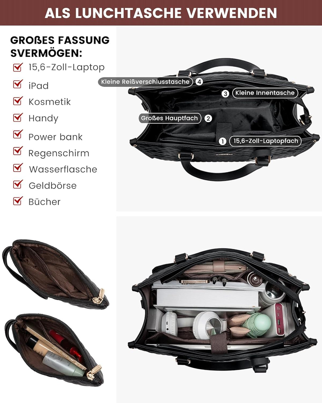 LOVEVOOK Laptoptasche Damen mit Isolierted Lunch-Fach, 15,6 Zoll Laptop Handtasche, Arbeitstasche Le