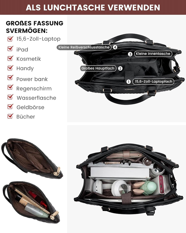 LOVEVOOK Laptoptasche Damen mit Isolierted Lunch-Fach, 15,6 Zoll Laptop Handtasche, Arbeitstasche Le