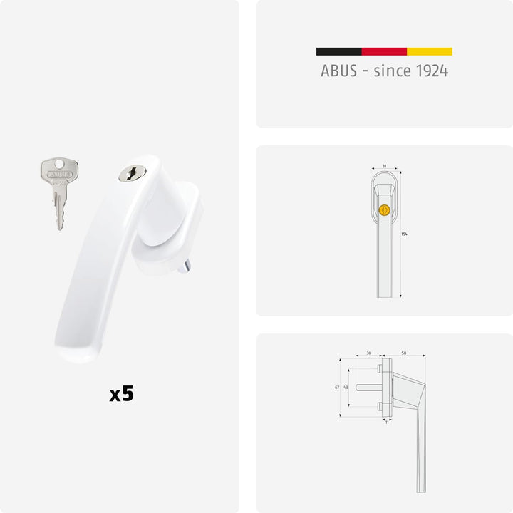 ABUS Abschliessbarer Fenstergriff FG200 AB208 - 5er Set - Fensterknauf mit Druckzylinder, gleichschl