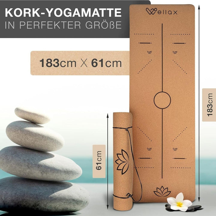 Wellax Yogamatte Kork - 100% natürliche Yogamatte rutschfest [183x66x0,6 cm] - Besonders dick &amp; scha