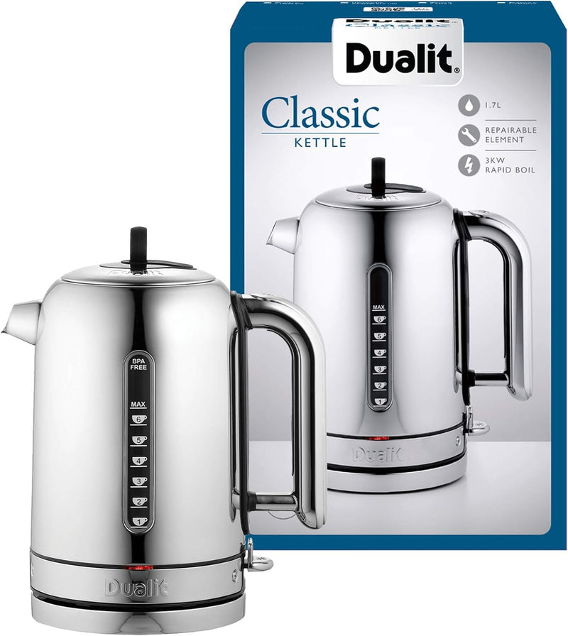 Dualit Classic Wasserkocher – Wasserkocher Design Edelstahl Hochglanz mit Schwarzem Rand –Schnellauf