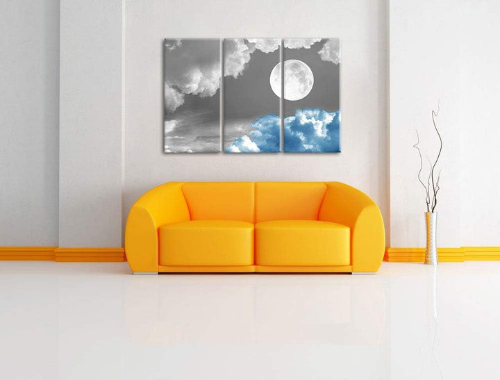 Traumhafter Vollmond über blauer Wolke schwarz/weiss 3-Teiler Leinwandbild 120x80 Bild auf Leinwand,