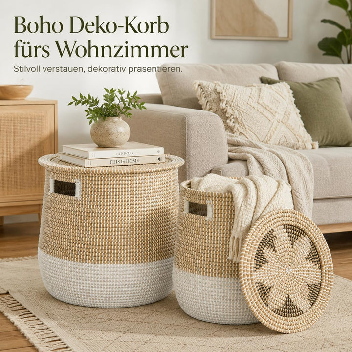 2 Stück Aufbewahrungskorb geflochten, Wäschekorb mit deckel, Seegras Korb gross L/S(87L/46L), Handge