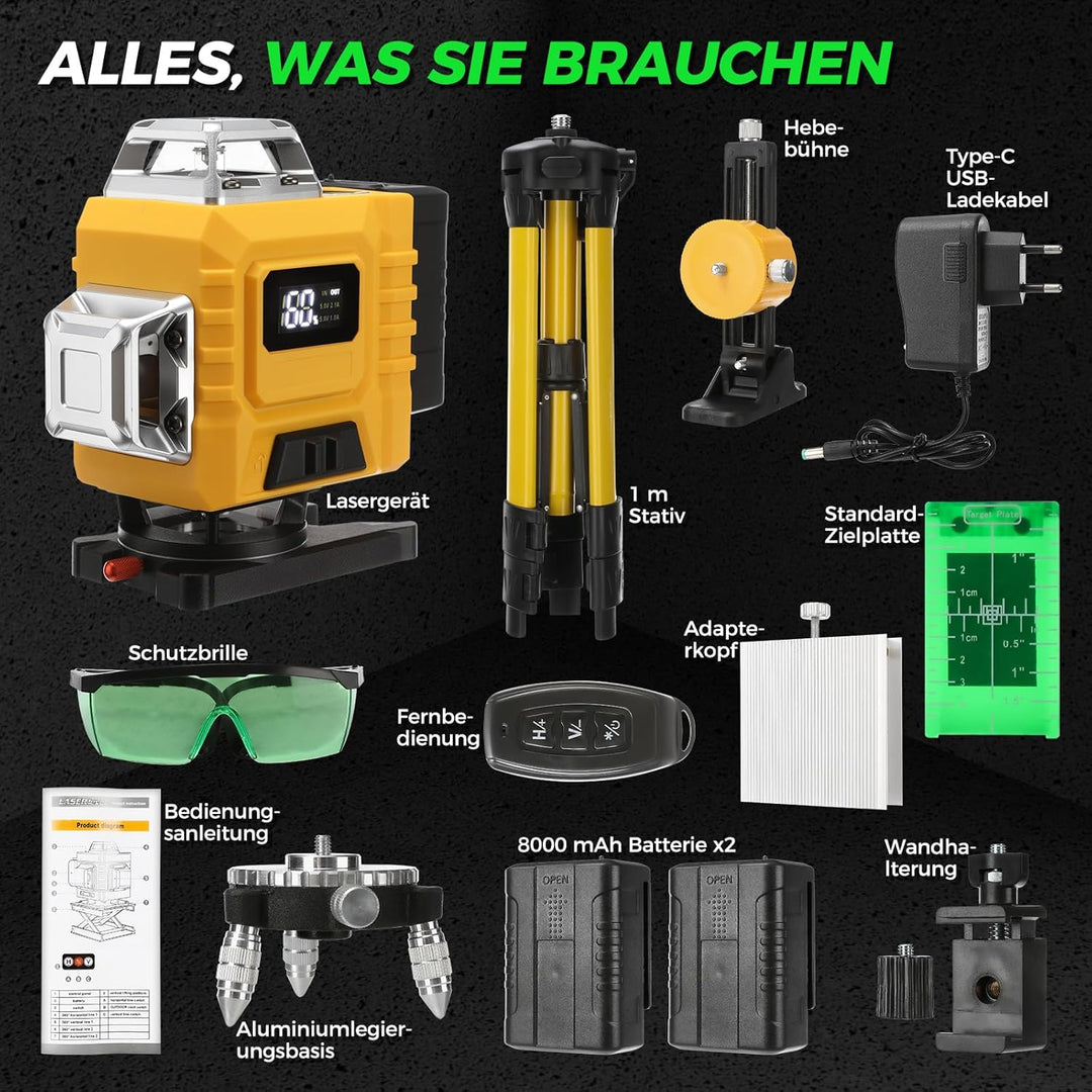 Kreuzlinienlaser Grün 16 Linien 4×360° – Selbstnivellierende Laser Wasserwaage, Horizontal & Vertika