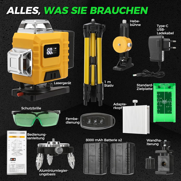 Kreuzlinienlaser Grün 16 Linien 4×360° – Selbstnivellierende Laser Wasserwaage, Horizontal & Vertika