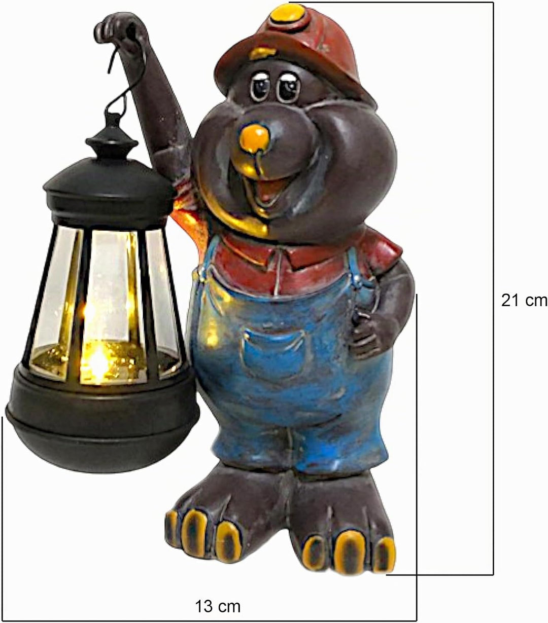 Arnusa Solar Maulwurf Figur mit LED Laterne – 21cm Gartenfigur aus Polyresin – warmweisses Licht – S