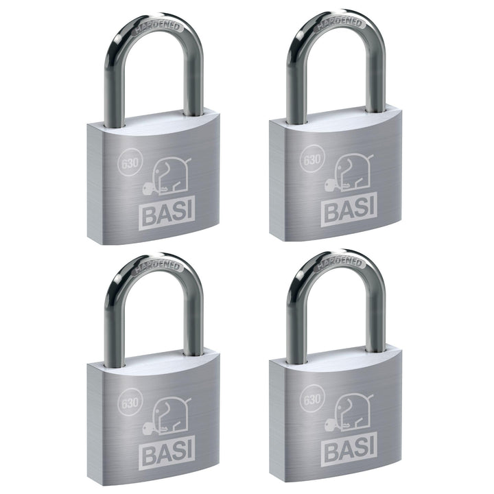 BASI | Vorhangschloss 4er Set | 30 mm | gleichschliessend | massives Aluminium-Gehäuse | gehärteter
