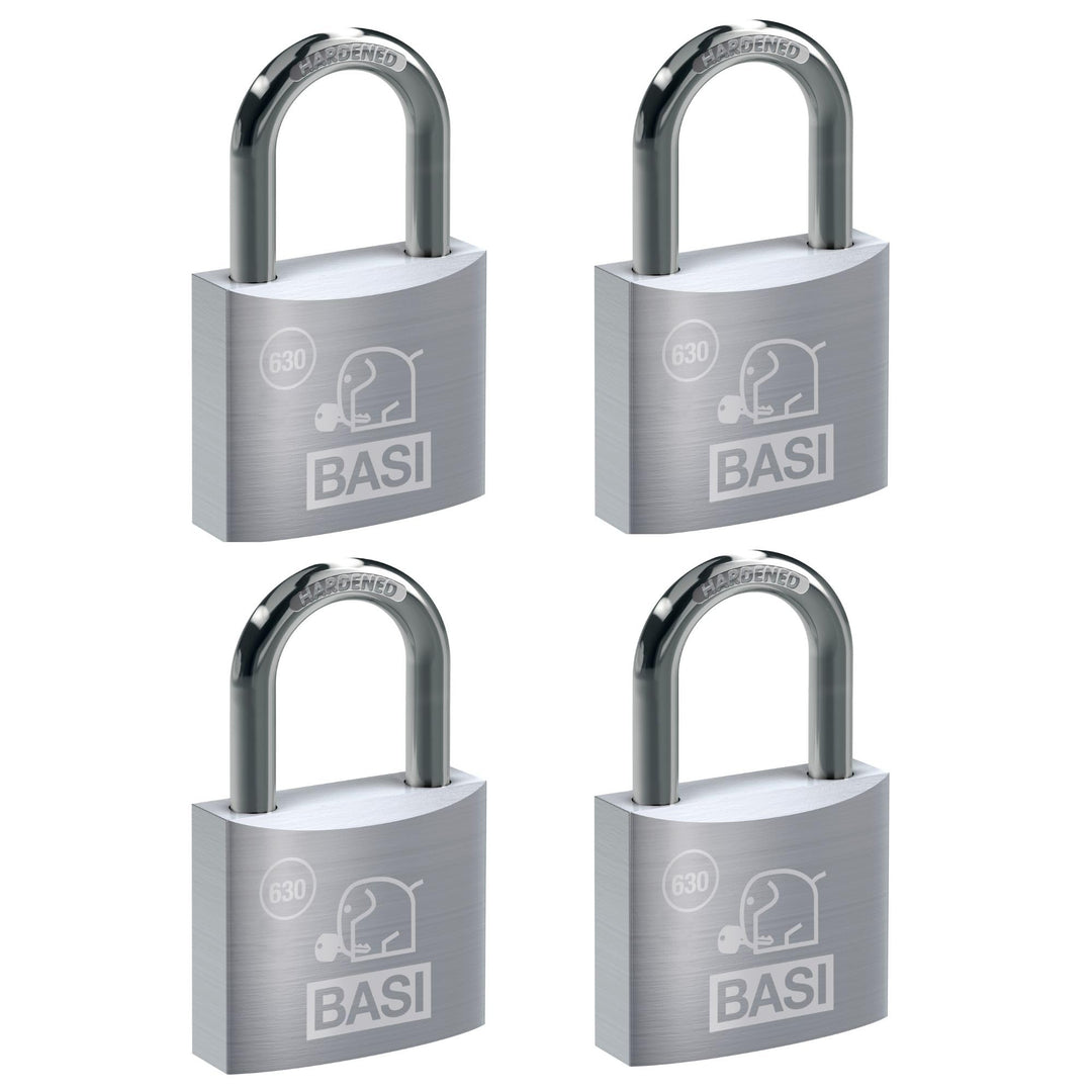 BASI | Vorhangschloss 4er Set | 20 mm | verschiedenschliessend | massives Aluminium-Gehäuse | gehärt